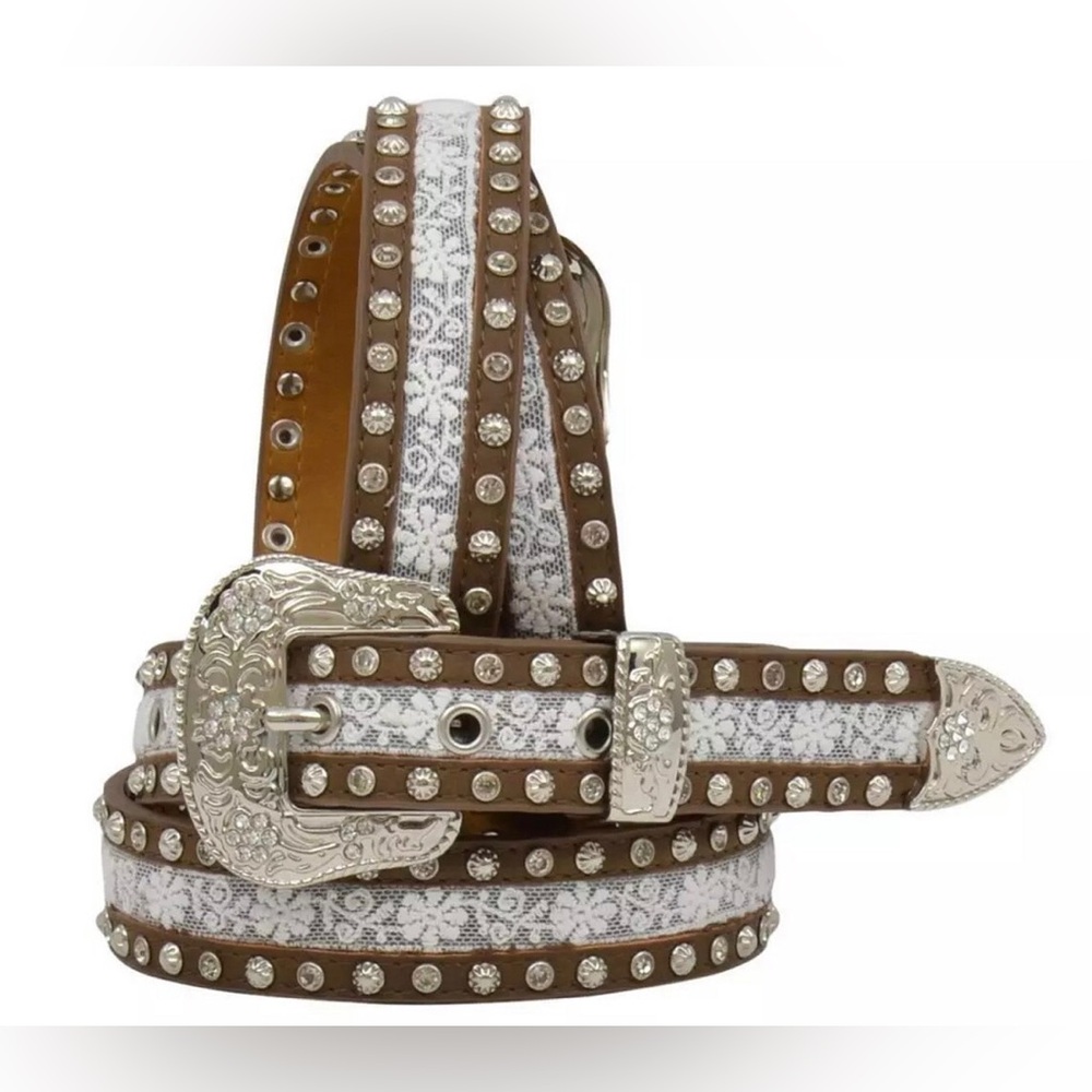 Angel Ranch White Lace Inlay Rhinestone Studded Leather Belt Boho Western Glam